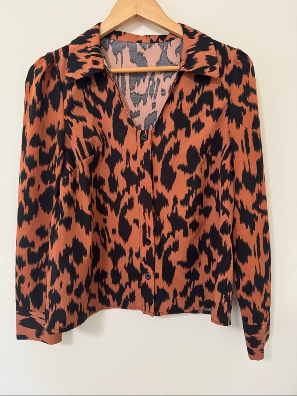 SHEIN Black and Burnt Orange Leopard Print Button-Up Shirt